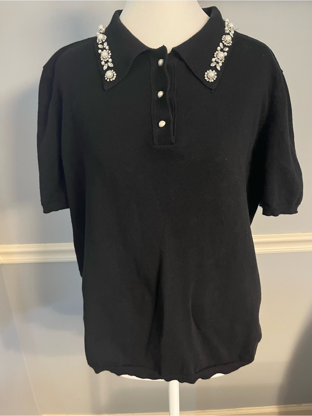 CeCe Black short sleeve sweater with Jeweled Collar Accents